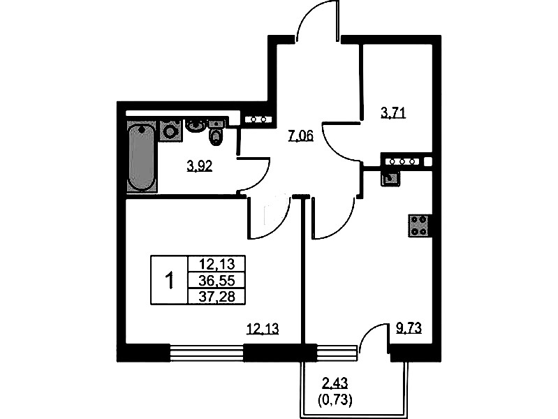 1-комнатная квартира 37.28 м², 9/11 эт., ЖК «Квартал Лаголово»